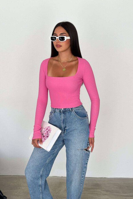 ONE COLOR LONG SLEEVE SIMPLE WOMAN SWEATSHIRT PINK/ROZE - KLAUDIO FASHION
