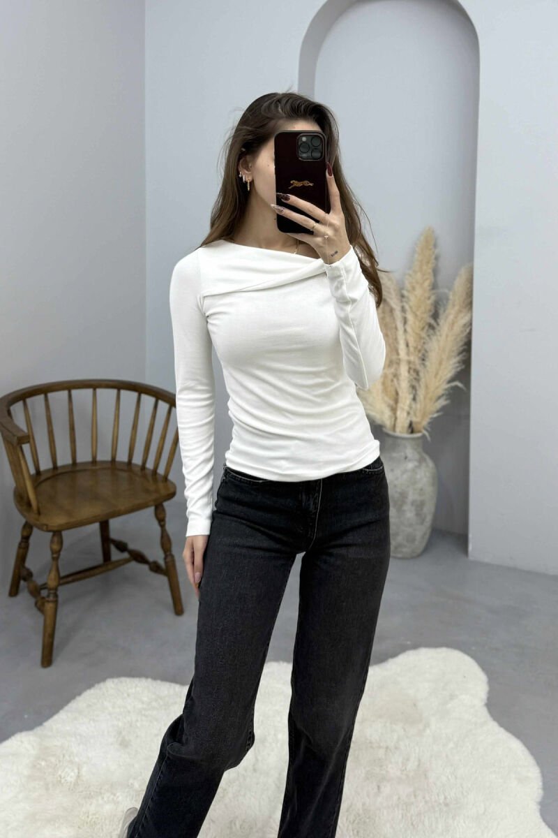 ONE COLOR LONG SLEEVE SIMPLE WOMEN SWEATSHIRT WHITE-E BARDHE - 1