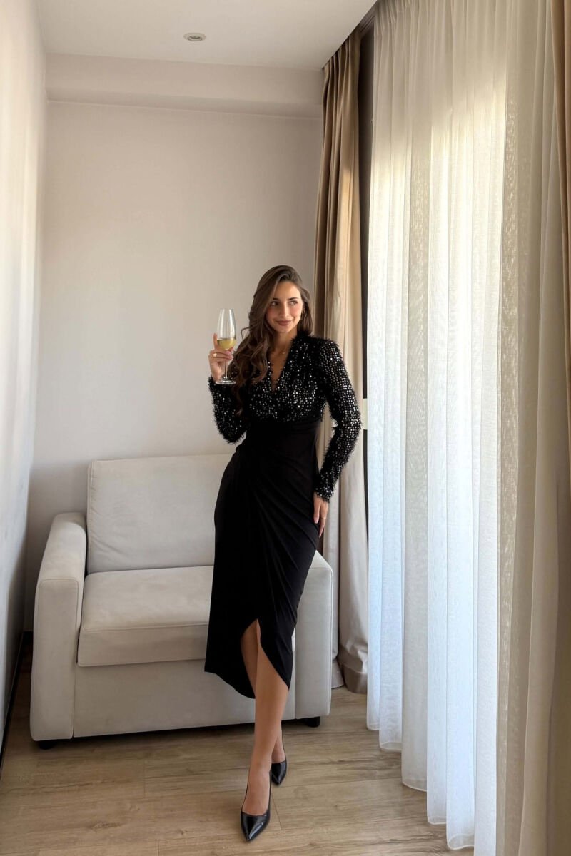 ONE COLOR LONG SLEEVE V NECK SHINY DETAILS WOMAN DRESS BLACK/ E ZEZE - 2