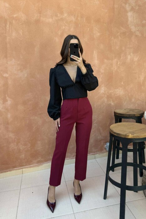 ONE COLOR LONG SLEEVE V NECK WOMEN SHIRT BLACK/ E ZEZE - 3