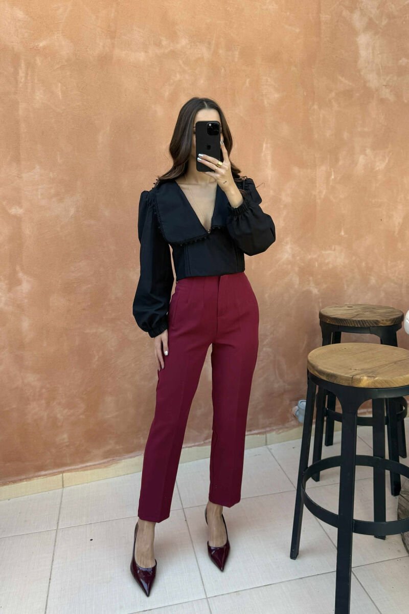ONE COLOR LONG SLEEVE V NECK WOMEN SHIRT BLACK/ E ZEZE - 3