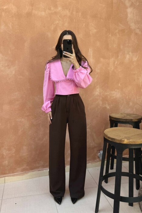 ONE COLOR LONG SLEEVE V NECK WOMEN SHIRT PINK/ROZE - 3