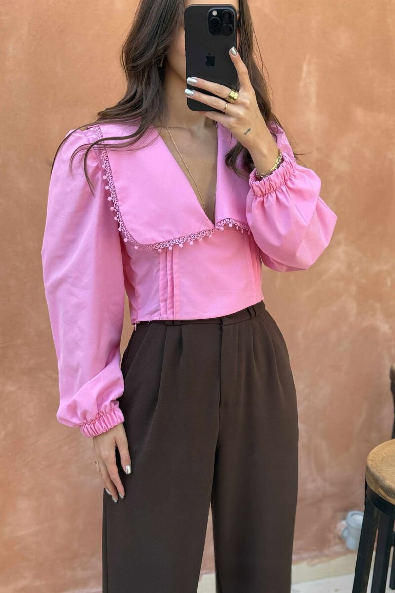 ONE COLOR LONG SLEEVE V NECK WOMEN SHIRT PINK/ROZE - 1