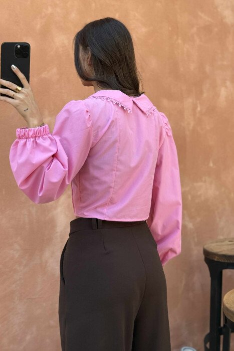 ONE COLOR LONG SLEEVE V NECK WOMEN SHIRT PINK/ROZE - 5
