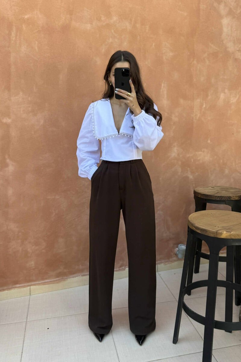ONE COLOR LONG SLEEVE V NECK WOMEN SHIRT WHITE-E BARDHE - 2