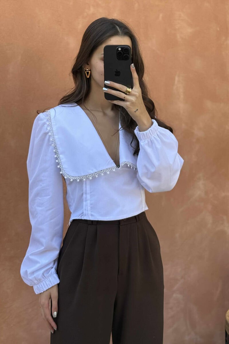 ONE COLOR LONG SLEEVE V NECK WOMEN SHIRT WHITE-E BARDHE - 1