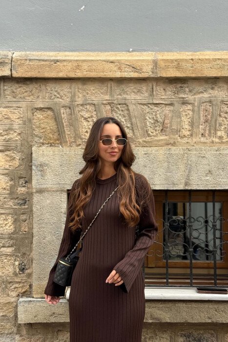 ONE COLOR LONG SLEEVE WOMAN DRESS BROWN/KAFE - 3