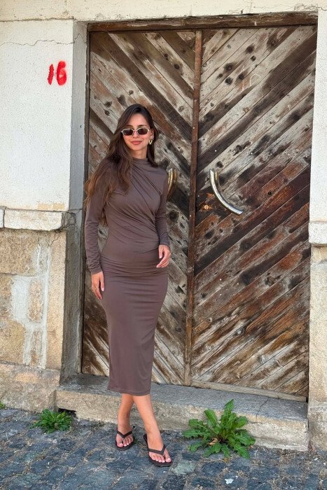 ONE COLOR LONG SLEEVE WOMAN DRESS BROWN/KAFE - 2