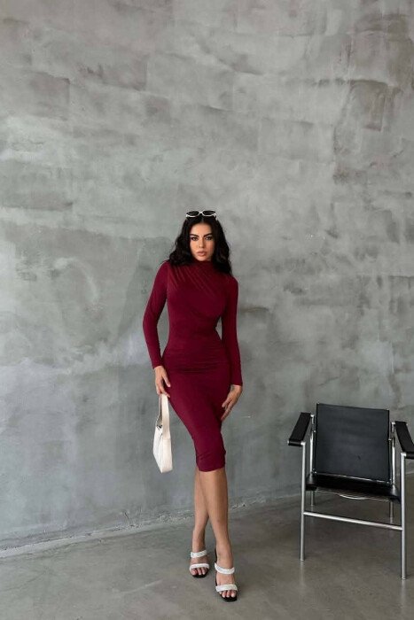 ONE COLOR LONG SLEEVE WOMAN DRESS BURGUNDY/VISHNJE - KLAUDIO FASHION