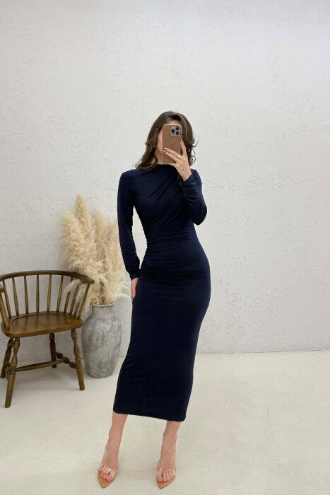 ONE COLOR LONG SLEEVE WOMAN DRESS DARK BLUE/BEE - KLAUDIO FASHION