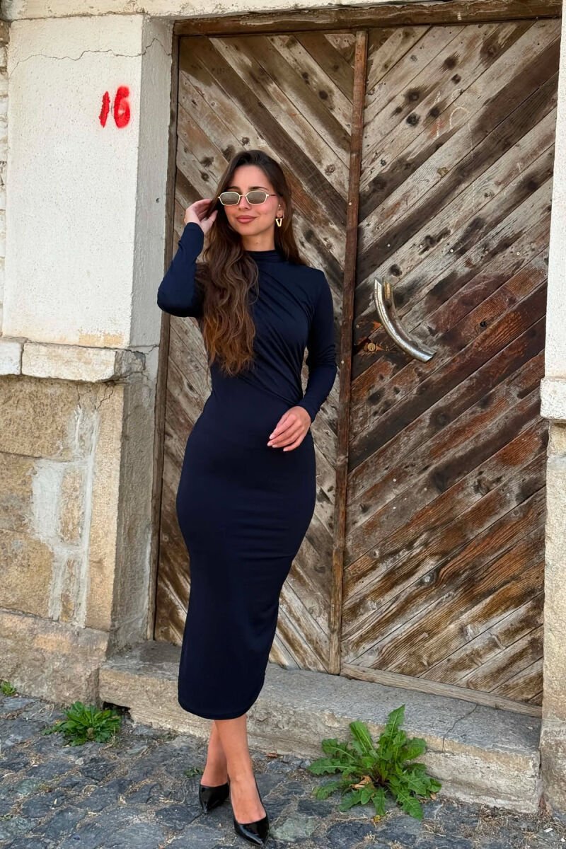 ONE COLOR LONG SLEEVE WOMAN DRESS DARK BLUE/BEE - 4
