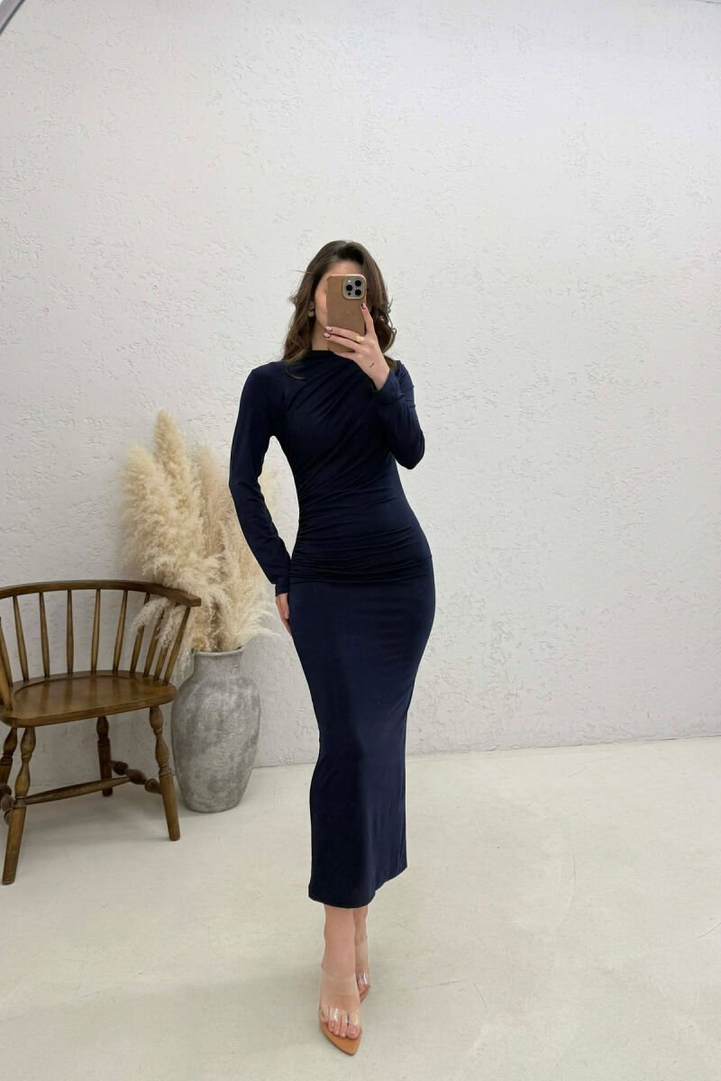 ONE COLOR LONG SLEEVE WOMAN DRESS DARK BLUE/BEE - 2