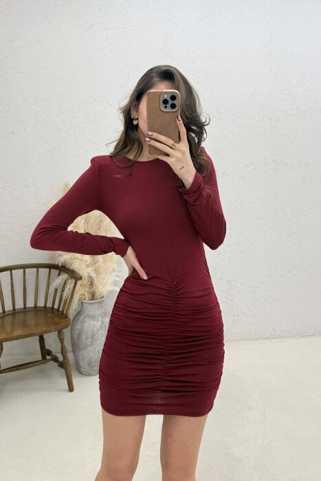 ONE COLOR LONG SLEEVE WOMAN DRESS DARK BURGUNDY/VISHNJE E ERRET - KLAUDIO FASHION