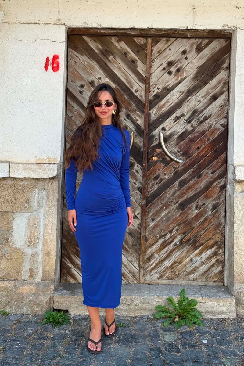 ONE COLOR LONG SLEEVE WOMAN DRESS ELECTRIC BLUE/BLEL - 3