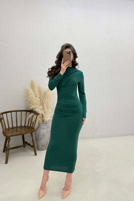 ONE COLOR LONG SLEEVE WOMAN DRESS GREEN/JESHILE - 