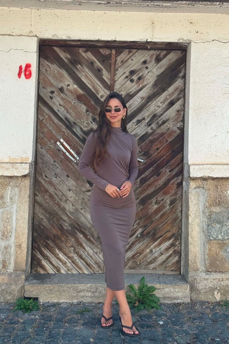 ONE COLOR LONG SLEEVE WOMAN DRESS LIGHT BROWN/KAZB - 3