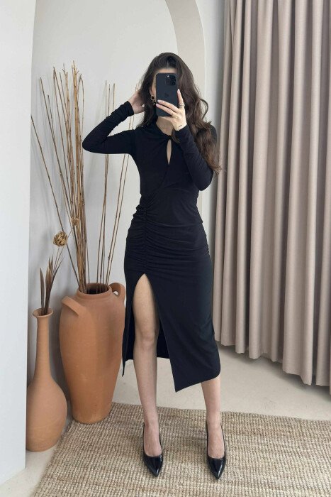 ONE COLOR LONG SLEEVE WOMEN DRESS BLACK/ E ZEZE - 1