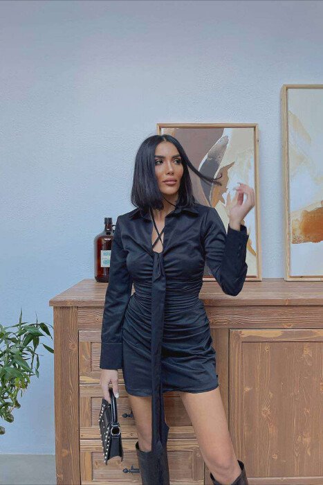 ONE COLOR LONG SLEEVE WOMEN DRESS BLACK/ E ZEZE - 