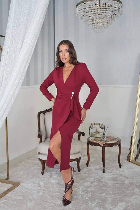 ONE COLOR LONG SLEEVE WOMEN DRESS BURGUNDY/VISHNJE 