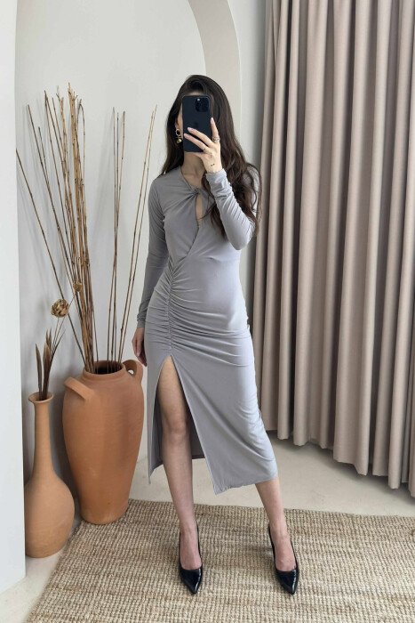 ONE COLOR LONG SLEEVE WOMEN DRESS GREY/GRI - KLAUDIO FASHION