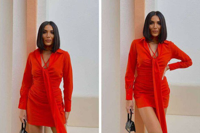 ONE COLOR LONG SLEEVE WOMEN DRESS ORANGE/PORTOKALLI - 