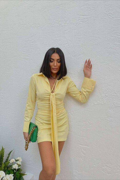 ONE COLOR LONG SLEEVE WOMEN DRESS YELLOW/E VERDHE - 