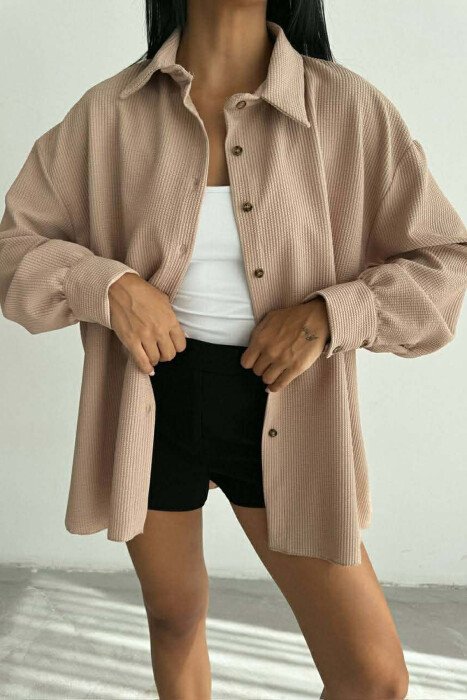 ONE COLOR LONG SLEEVE WOMEN SHIRT BEIGE/BEZHE - KLAUDIO FASHION