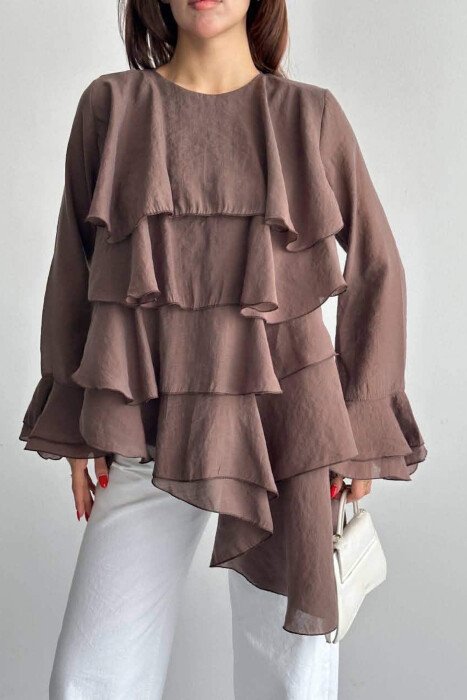 ONE COLOR LONG SLEEVE WOMEN SHIRT BROWN/KAFE - 2