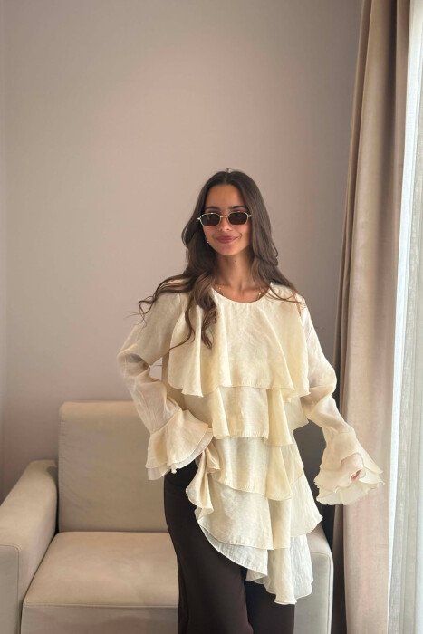 ONE COLOR LONG SLEEVE WOMEN SHIRT CREAM/KREM - 1