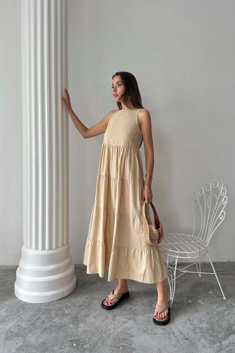 ONE COLOR LONG SLEEVELESS WOMEN DRESS BEIGE/BEZHE - 2