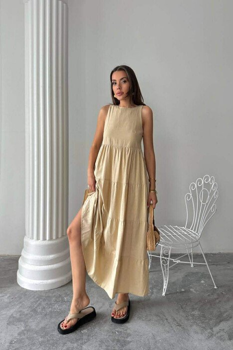 ONE COLOR LONG SLEEVELESS WOMEN DRESS BEIGE/BEZHE - 3