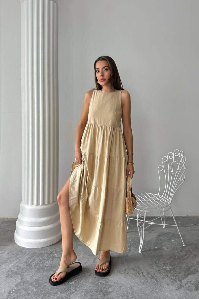 ONE COLOR LONG SLEEVELESS WOMEN DRESS BEIGE/BEZHE - 3