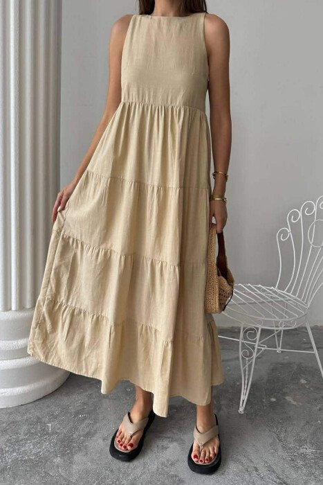 ONE COLOR LONG SLEEVELESS WOMEN DRESS BEIGE/BEZHE - 4