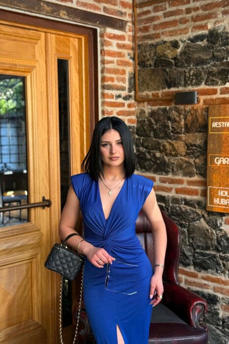 ONE COLOR LONG SLEEVELESS WOMEN DRESS BLUE/BLU - 4