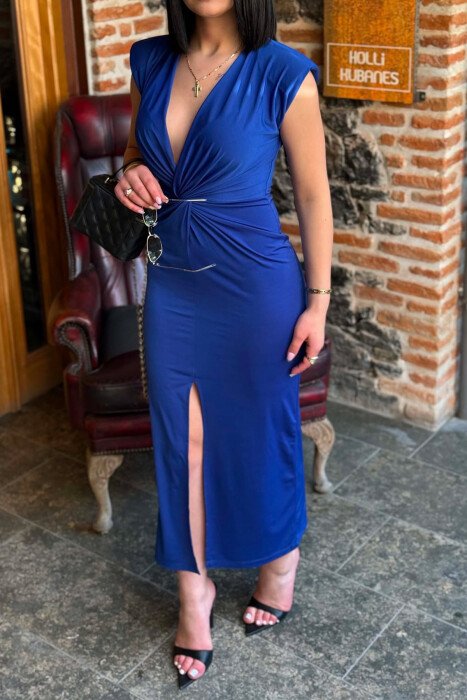 ONE COLOR LONG SLEEVELESS WOMEN DRESS BLUE/BLU - 7