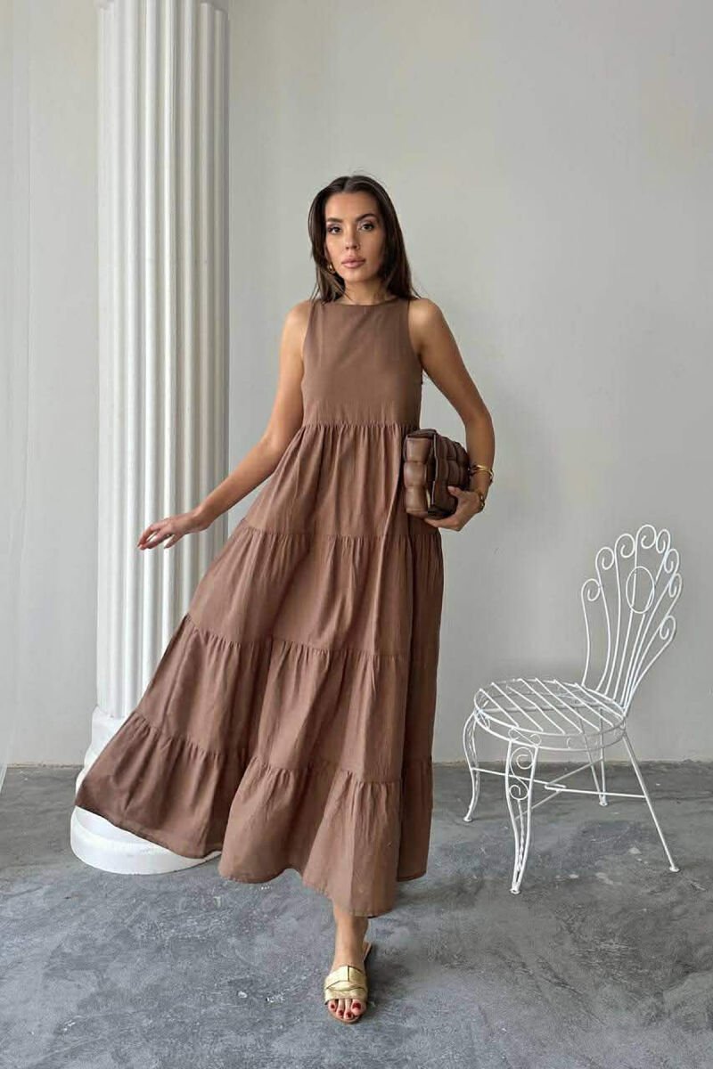 ONE COLOR LONG SLEEVELESS WOMEN DRESS BROWN/KAFE - 1