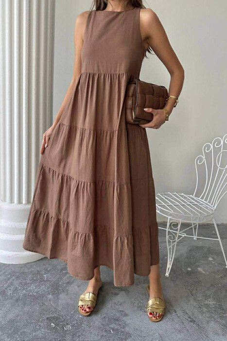 ONE COLOR LONG SLEEVELESS WOMEN DRESS BROWN/KAFE - 2