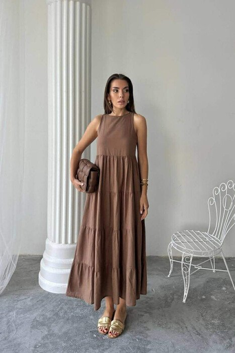 ONE COLOR LONG SLEEVELESS WOMEN DRESS BROWN/KAFE - 3