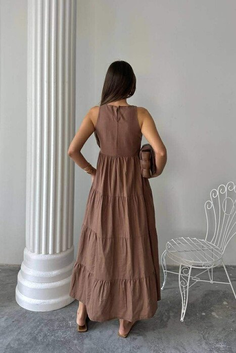 ONE COLOR LONG SLEEVELESS WOMEN DRESS BROWN/KAFE - 4