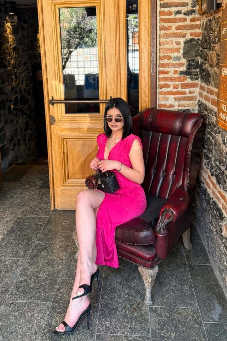 ONE COLOR LONG SLEEVELESS WOMEN DRESS FUCHSIA/CIKLAMI - 6