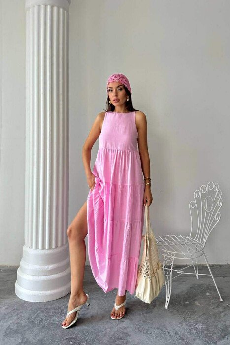 ONE COLOR LONG SLEEVELESS WOMEN DRESS PINK/ROZE - 4