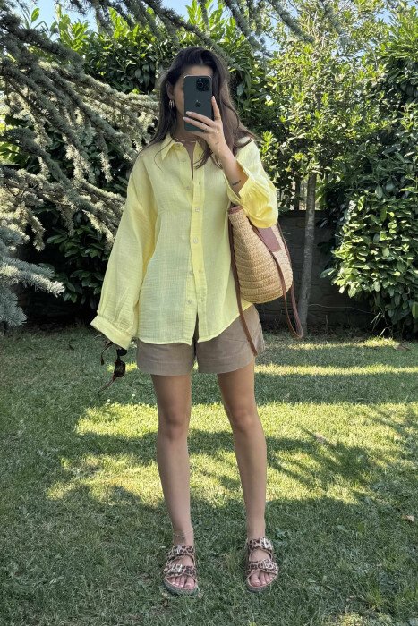 ONE COLOR LONG SLEEVES WOMEN SHIRT YELLOW/E VERDHE - KLAUDIO FASHION