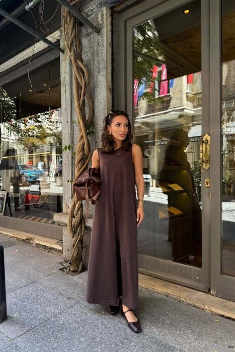ONE COLOR LONG WOMAN DRESS BROWN/KAFE - 