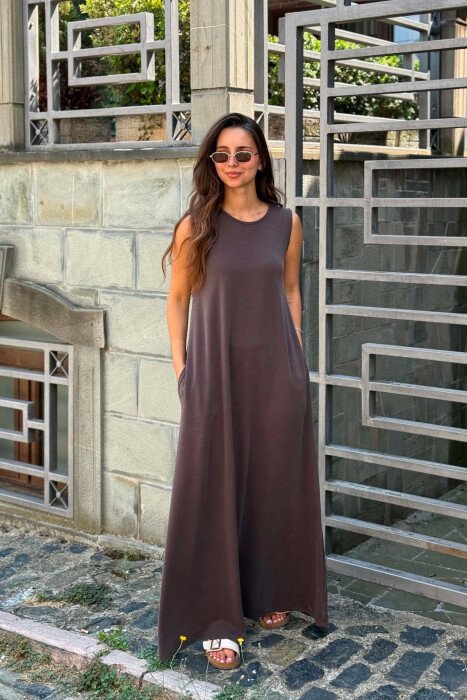 ONE COLOR LONG WOMAN DRESS BROWN/KAFE - 3