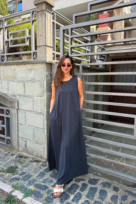 ONE COLOR LONG WOMAN DRESS DARK GREY/GEE - 2