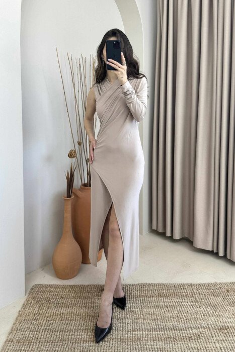 ONE COLOR LONG WOMEN DRESS BEIGE/BEZHE - KLAUDIO FASHION
