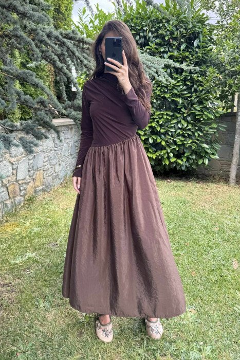 ONE COLOR LONG WOMEN DRESS BROWN/KAFE - KLAUDIO FASHION