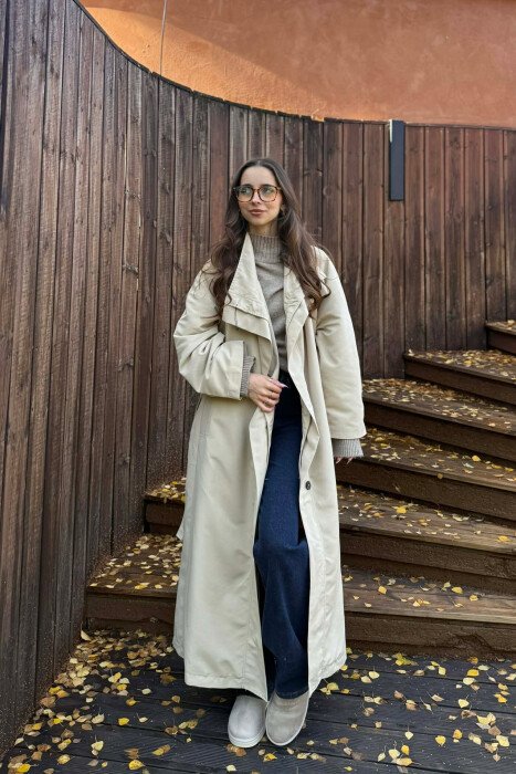 ONE COLOR LONG WOMEN TRENCH COAT BEIGE/BEZHE 