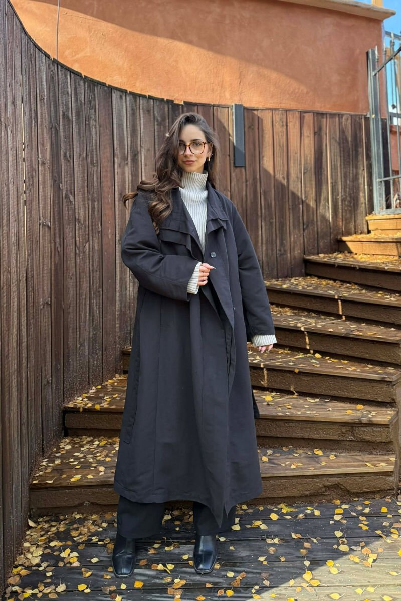 ONE COLOR LONG WOMEN TRENCH COAT BLACK/ E ZEZE - 1