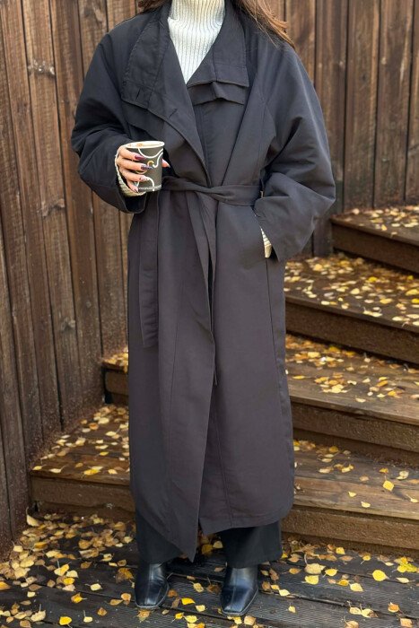 ONE COLOR LONG WOMEN TRENCH COAT BLACK/ E ZEZE - 2